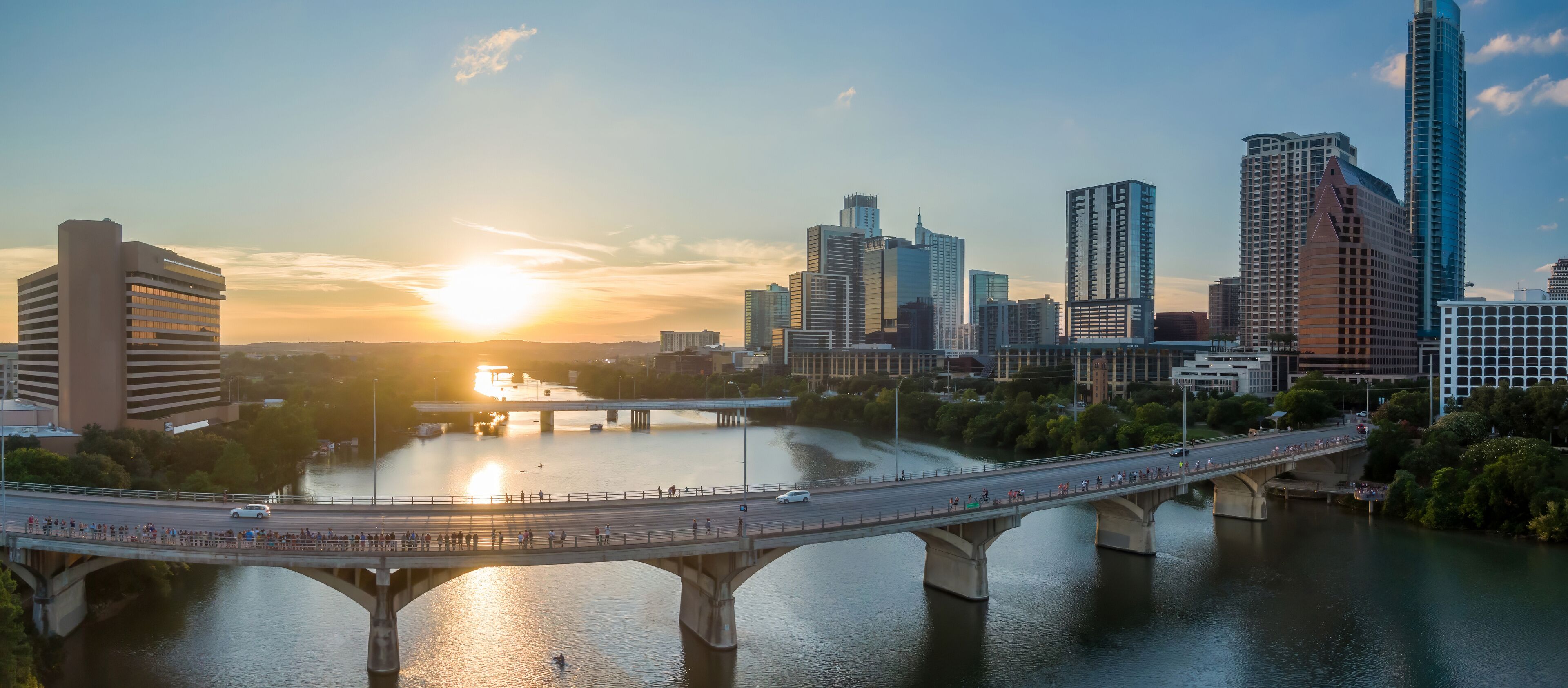 The South Congress Bridge crossing the Colorado River into downtown Austin, Texas, United States.