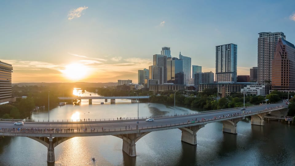 The South Congress Bridge crossing the Colorado River into downtown Austin, Texas, United States.