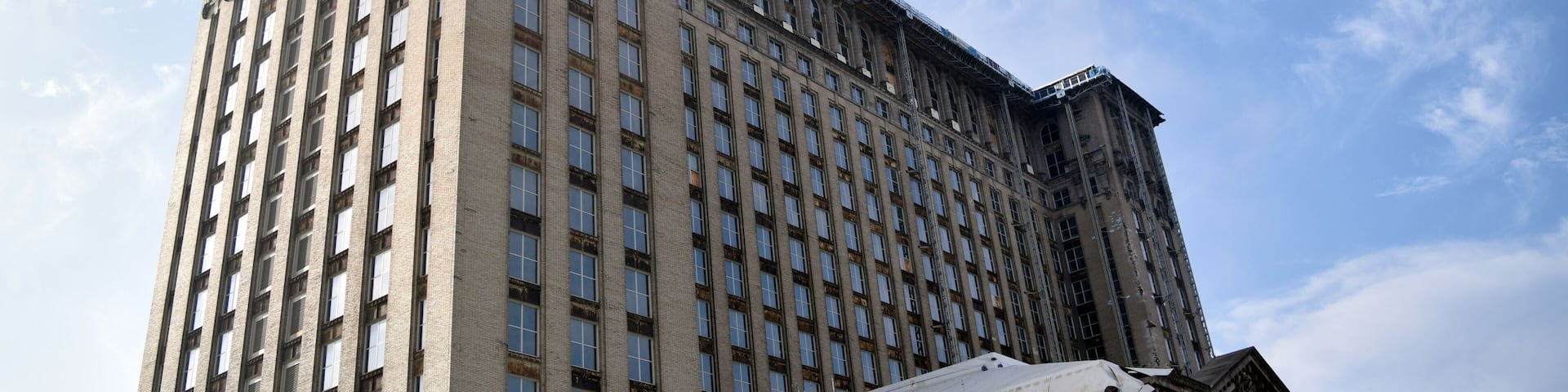 Detroit old train station under renovation in December 2019. Iconic building in downtown Detroit, Michigan