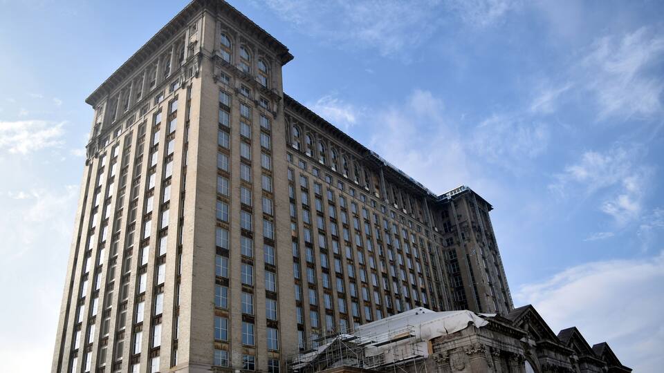 Detroit old train station under renovation in December 2019. Iconic building in downtown Detroit, Michigan