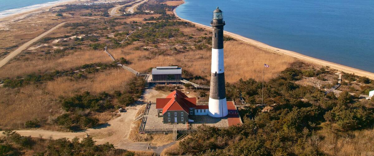 Aerial view of Fire Island Lighthouse and beach.