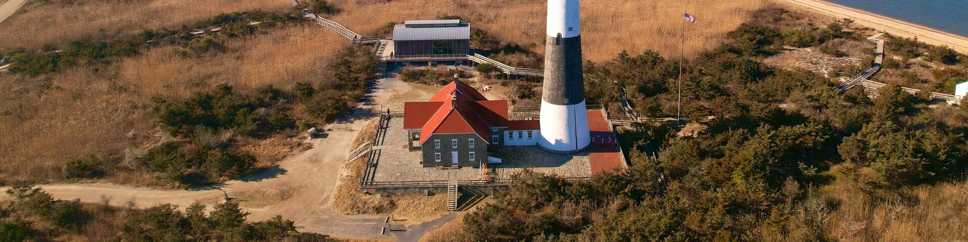 Aerial view of Fire Island Lighthouse and beach.