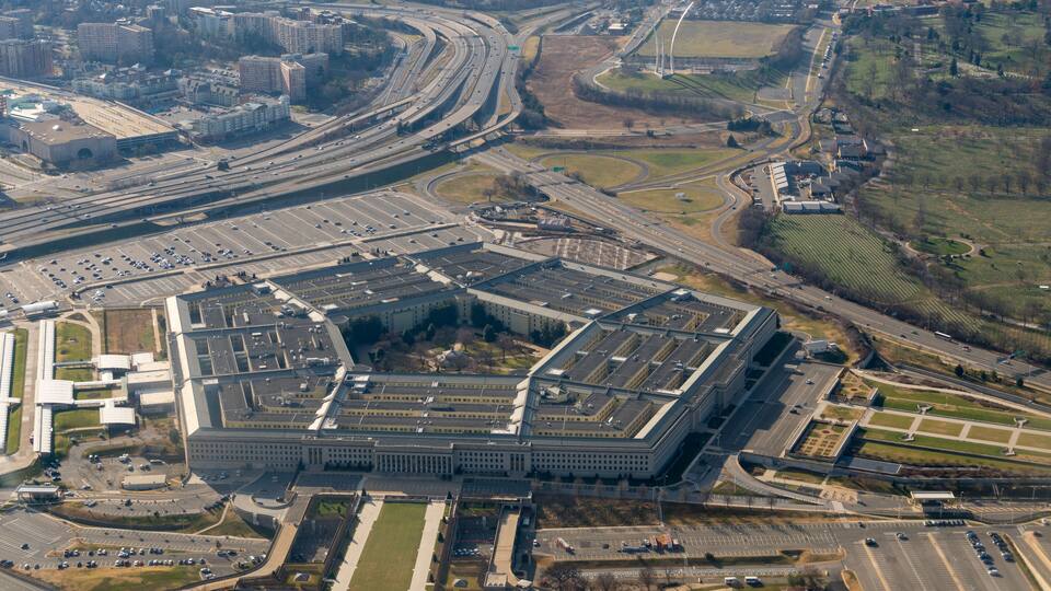Aerial view of the Pentagon and the United States Air Force Memorial in Arlington, Virginia
