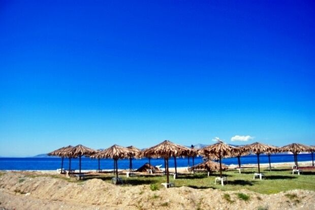 A beach with thatched umbrellas and a clear blue sky.