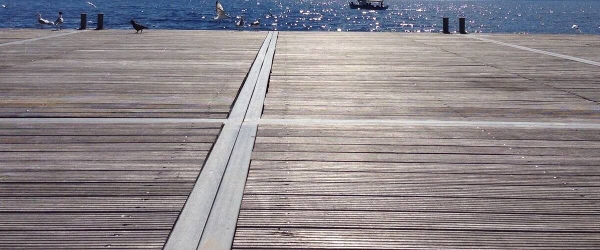 A wooden pier extending into a calm sea with birds flying overhead and mountains in the distance.