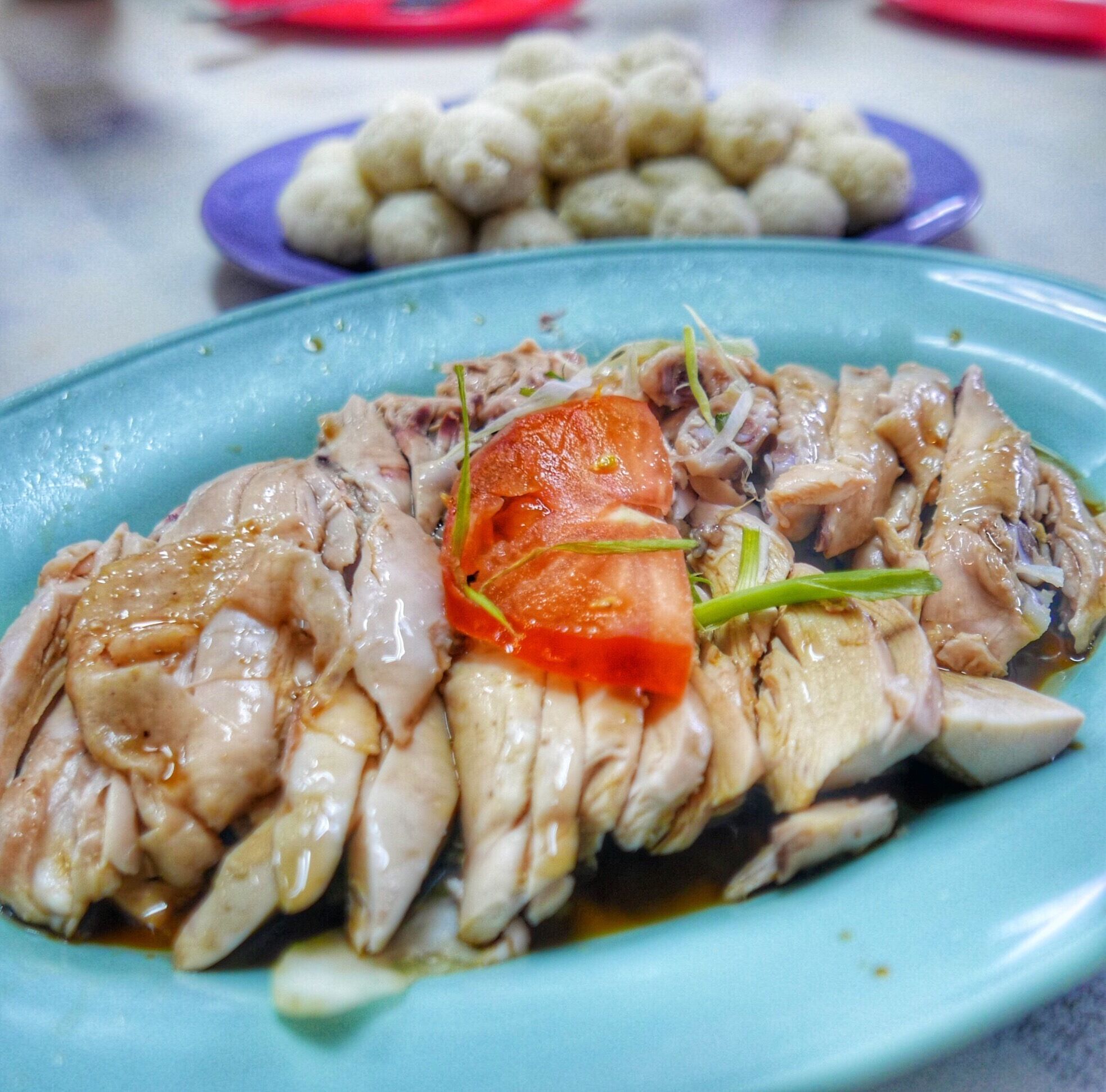 A plate of sliced chicken with a garnish of tomato and green onions.