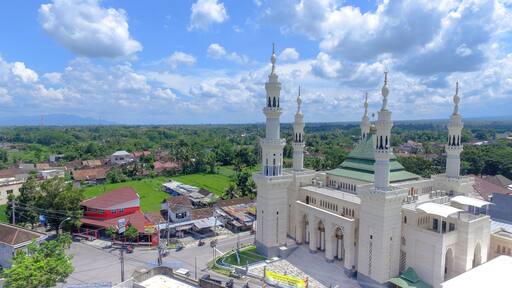 Aerial of Suciatir mosque islamic centre in Sleman Indonesia. The place for praying for moslem. Ramadhan Kharem 1441 H. Idul Fitri, Eid Al-Fit in Pandemic Covid-19