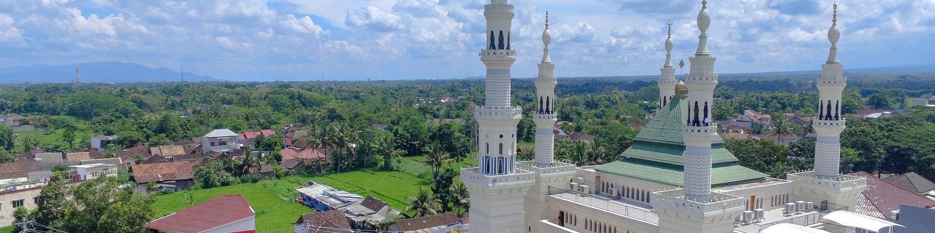 Aerial of Suciatir mosque islamic centre in Sleman Indonesia. The place for praying for moslem. Ramadhan Kharem 1441 H. Idul Fitri, Eid Al-Fit in Pandemic Covid-19