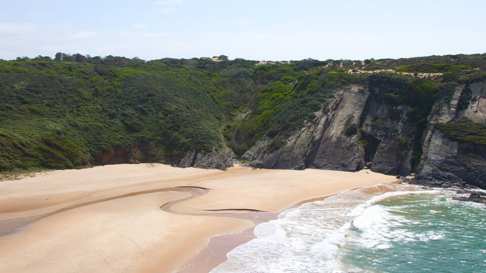 A coastal landscape with a sandy beach, a winding stream, and steep cliffs.