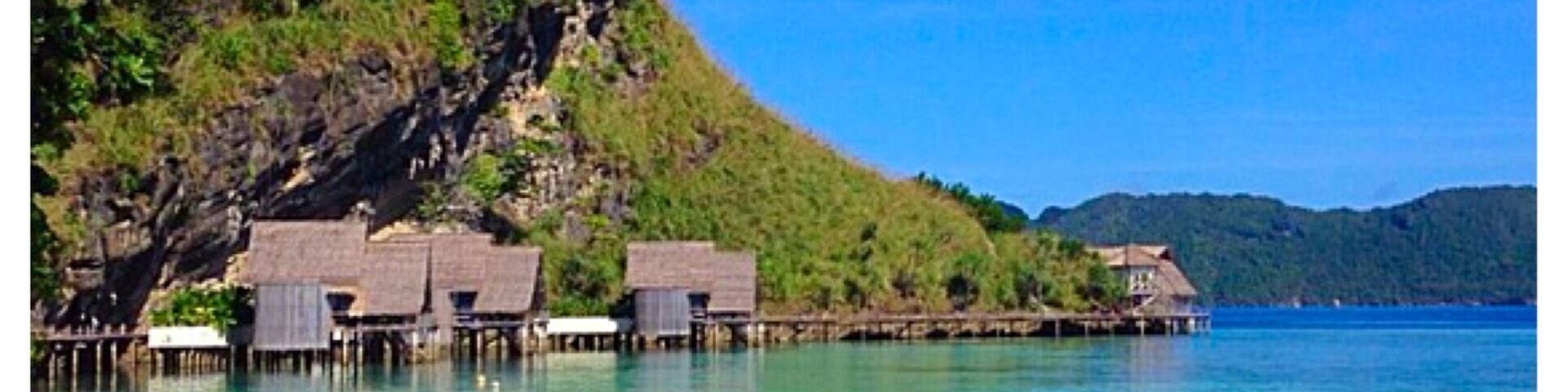 A beach with clear turquoise water, a sandy shore, and a small hill with thatched-roof huts.