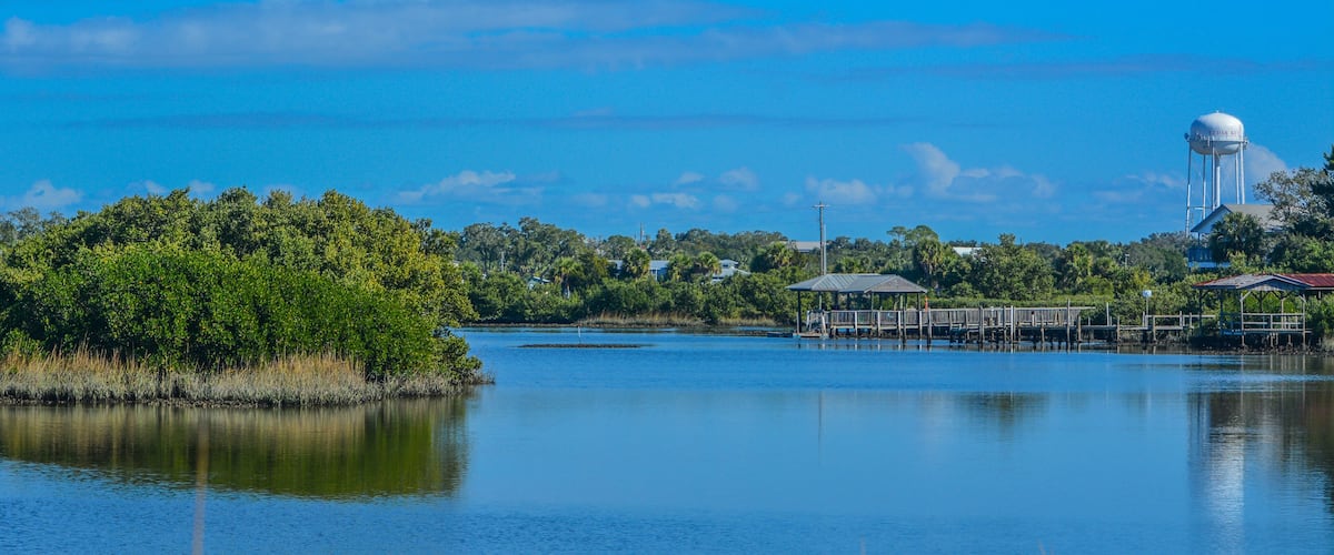 A calm lake with a dock, a water tower, and dense greenery.