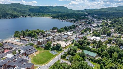 July 21, 2025 - Lake George, NY, USA. Sunny afternoon summer aerial image of the south end of Lake George and Canada Street, Lake George, NY, USA.