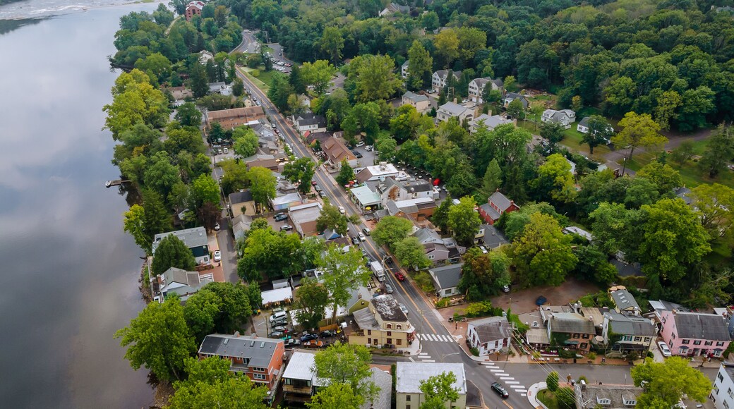 Overhead view of Delaware river aerial landscape of small town Lambertville New Jersey with historic city New Hope Pennsylvania USA