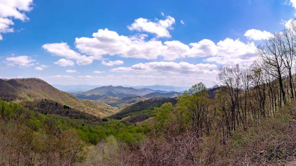 A valley with hills and scattered trees under a clear blue sky.