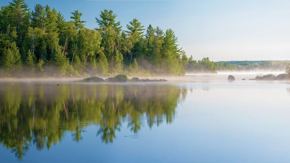 morning mist, cresent lake, mn, panorama