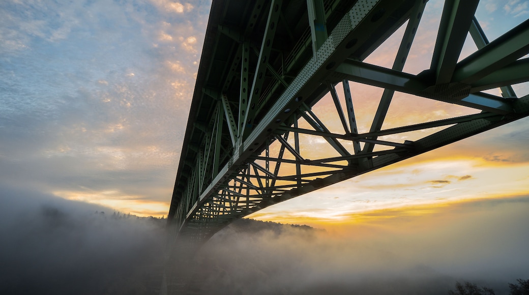 A bridge with a steel structure and a misty landscape below.