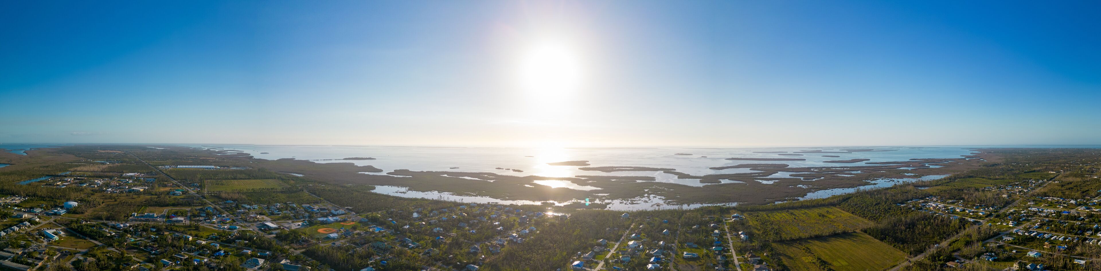 Aerial panorama Pine Island Florida after Hurricane Ian recovery monts later