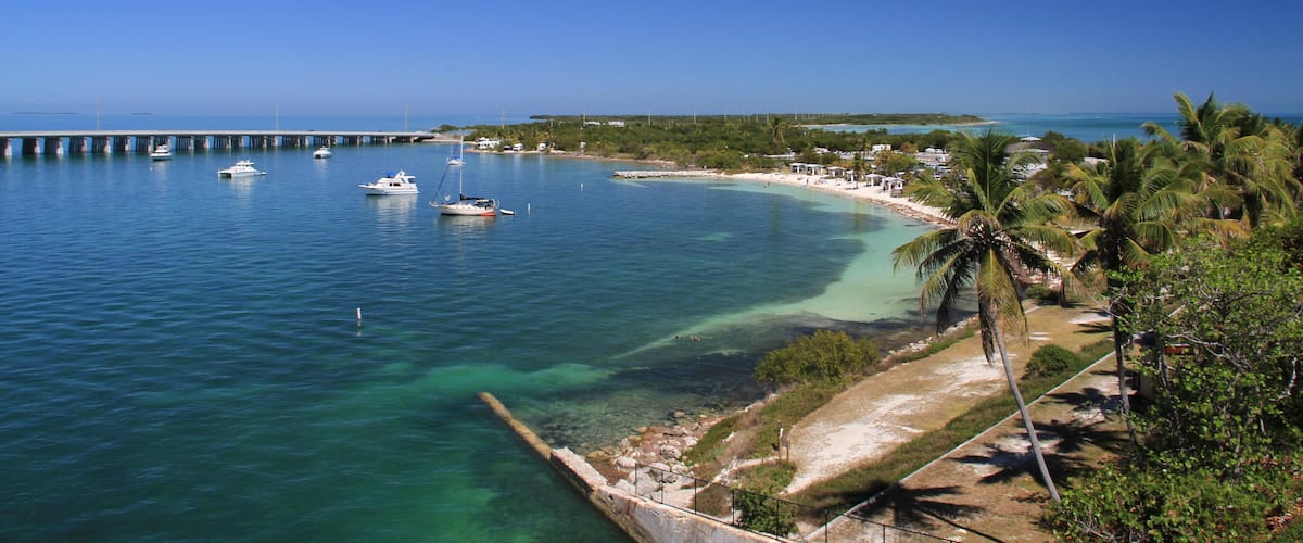 A coastal area with clear turquoise waters, a pier, boats, and palm trees.