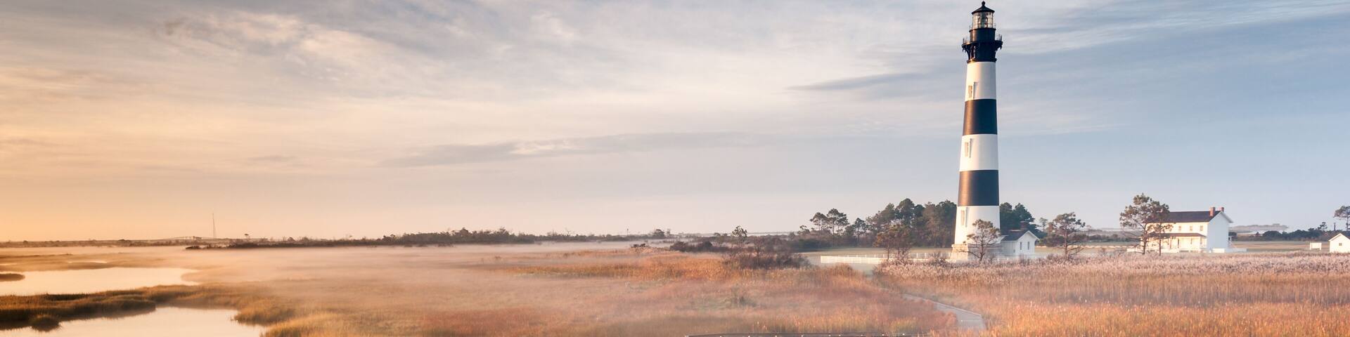 North Carolina Outer Banks Bodie Island Lighthouse Autumn Morning Marsh Boardwalk; Shutterstock ID 164239178; purchase_order: SP-1269 HA 2018 Batch 1; Order: ; client: ; other: