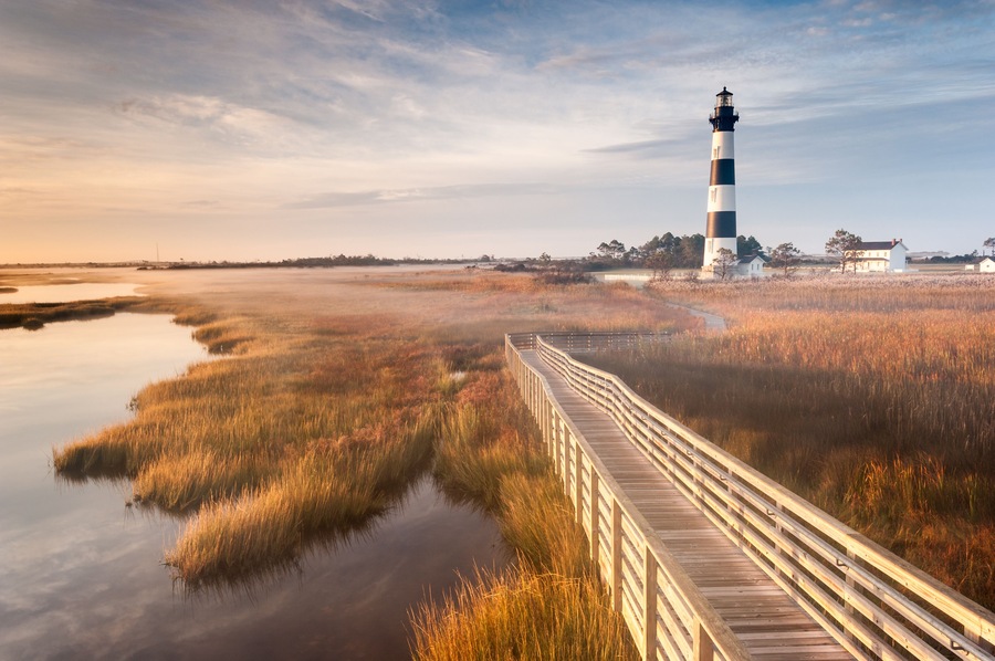 North Carolina Outer Banks Bodie Island Lighthouse Autumn Morning Marsh Boardwalk; Shutterstock ID 164239178; purchase_order: SP-1269 HA 2018 Batch 1; Order: ; client: ; other: