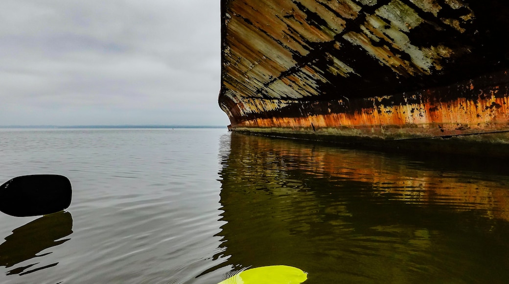 A kayak near a rusted shipwreck in calm waters.