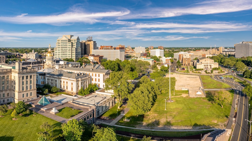 Aerial panorama of Trenton New Jersey skyline and state capitol. Trenton is the capital city of the U.S. state of New Jersey and the county seat of Mercer County.