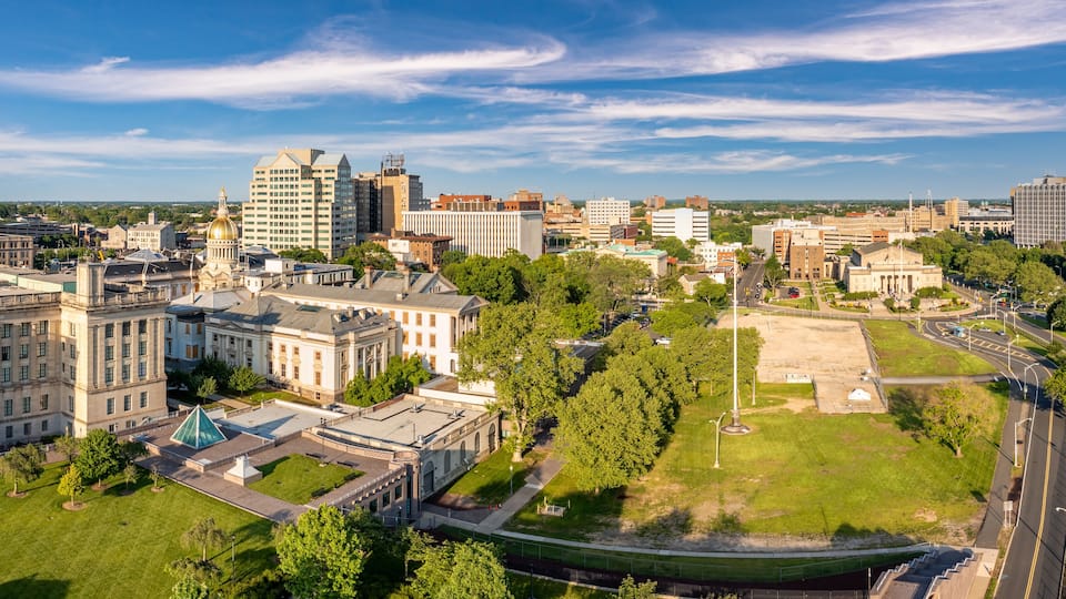 A cityscape with a large building with a dome, surrounded by trees and smaller buildings.