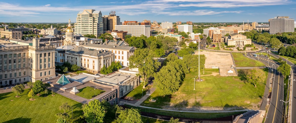 A cityscape with a large building with a dome, surrounded by trees and smaller buildings.