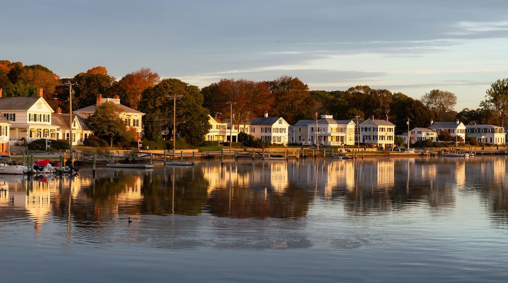 A waterfront with houses reflecting on calm water, surrounded by trees with autumn foliage.