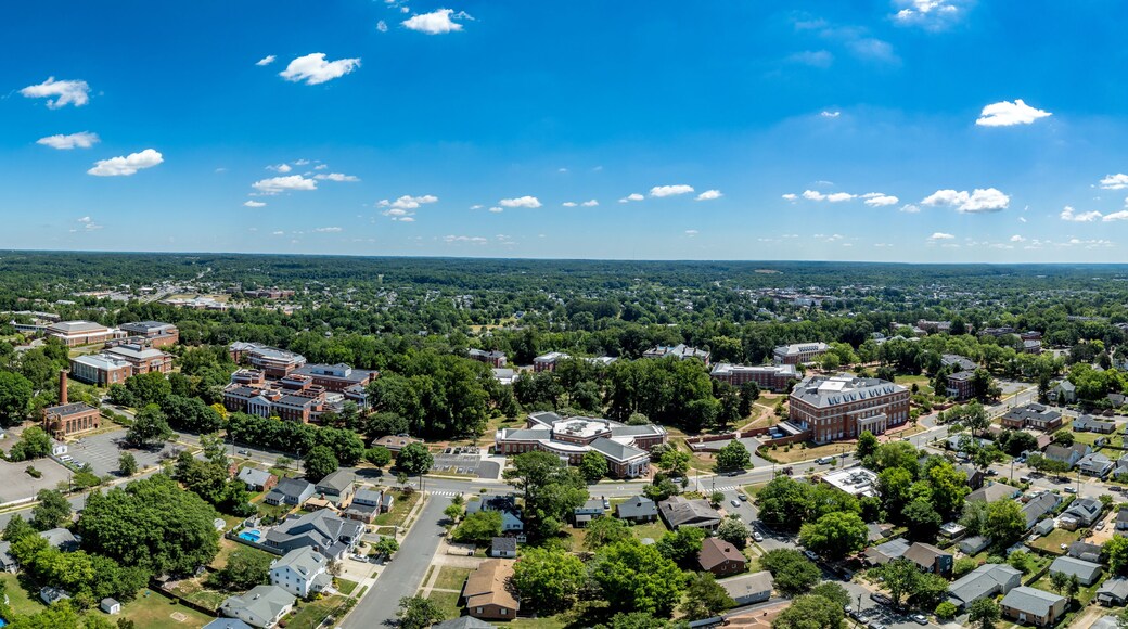Aerial view of Mary Washington University buildings in Fredericksburg Virginia: Dodd Auditorium, Jefferson Hall, Bushnell Hall, Framar House