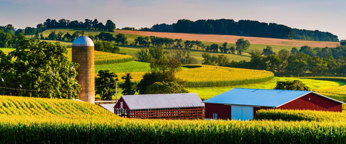 Barn and silo on a farm in rural York County, Pennsylvania.