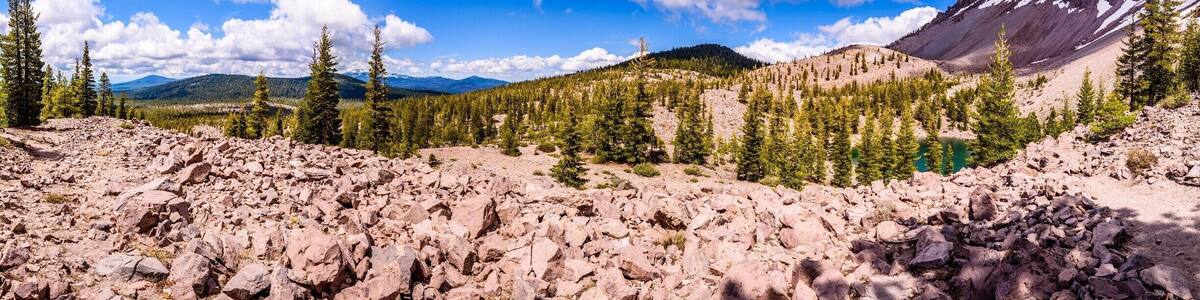 Chaos Crater Lake at the end of Chaos Crags Trail. The Trail starts at the Manzanita Lake and is about 3km long, a little bit steep but still easy.