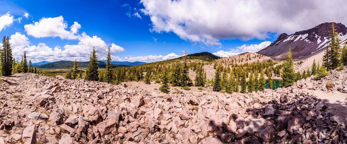 Chaos Crater Lake at the end of Chaos Crags Trail. The Trail starts at the Manzanita Lake and is about 3km long, a little bit steep but still easy.