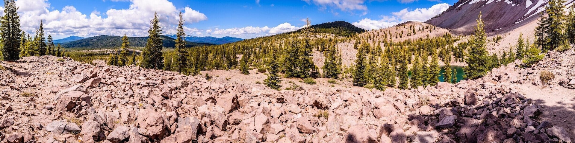 Chaos Crater Lake at the end of Chaos Crags Trail. The Trail starts at the Manzanita Lake and is about 3km long, a little bit steep but still easy.