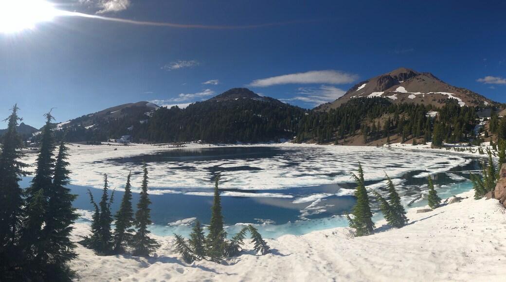 Up high in a volcanic area where you can see frozen lakes #adventure