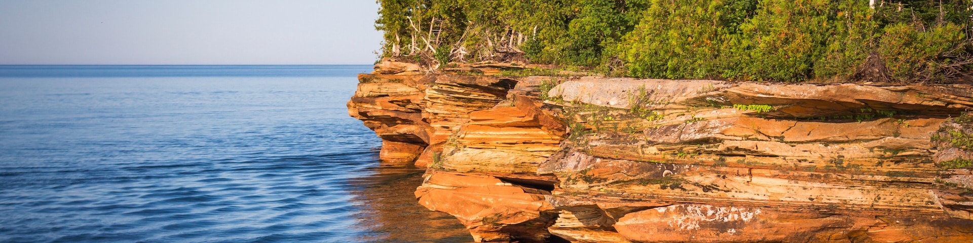 A rocky shoreline with clear blue water, dense green trees, and a clear sky.
