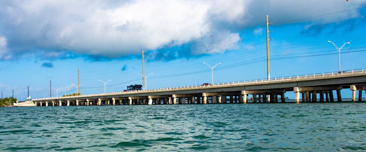 A bridge over water with streetlights and a cloudy sky.