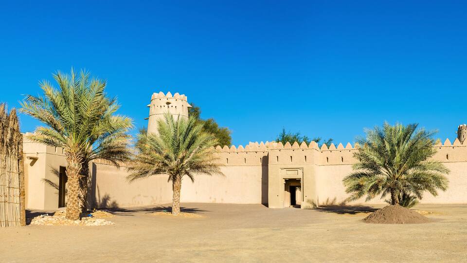 A fortress with palm trees and a clear blue sky.