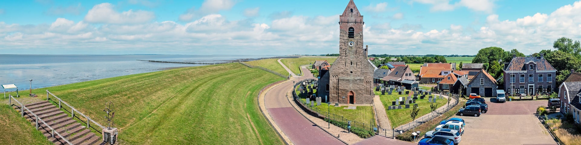 Aerial panorama from the traditional town Wierum at the Wadden Sea in Friesland the Netherlands