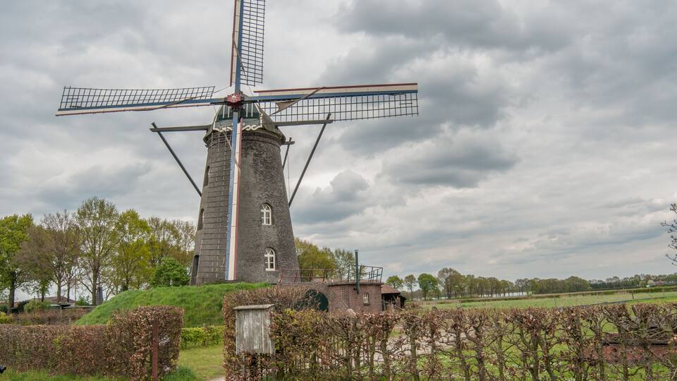 A traditional windmill with a tall tower and large sails, surrounded by a grassy field and trees.