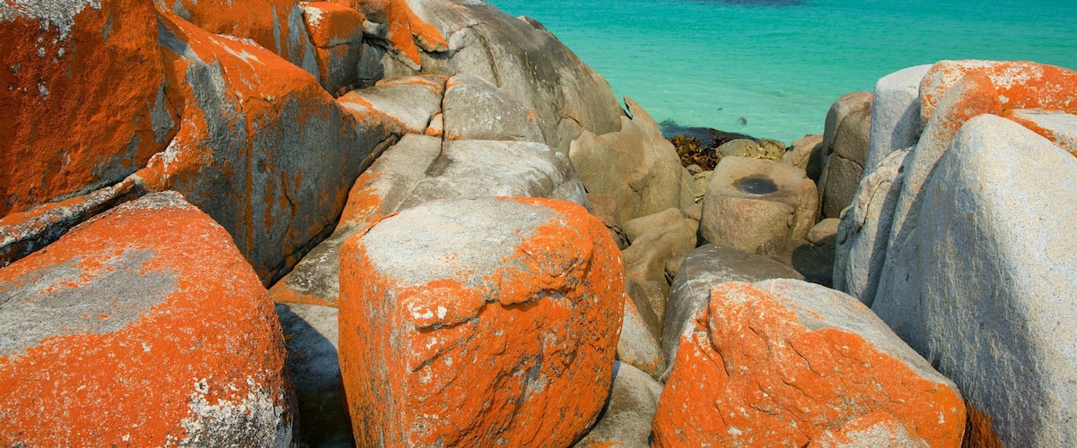 A rocky coastline with orange lichen-covered boulders and turquoise waters.