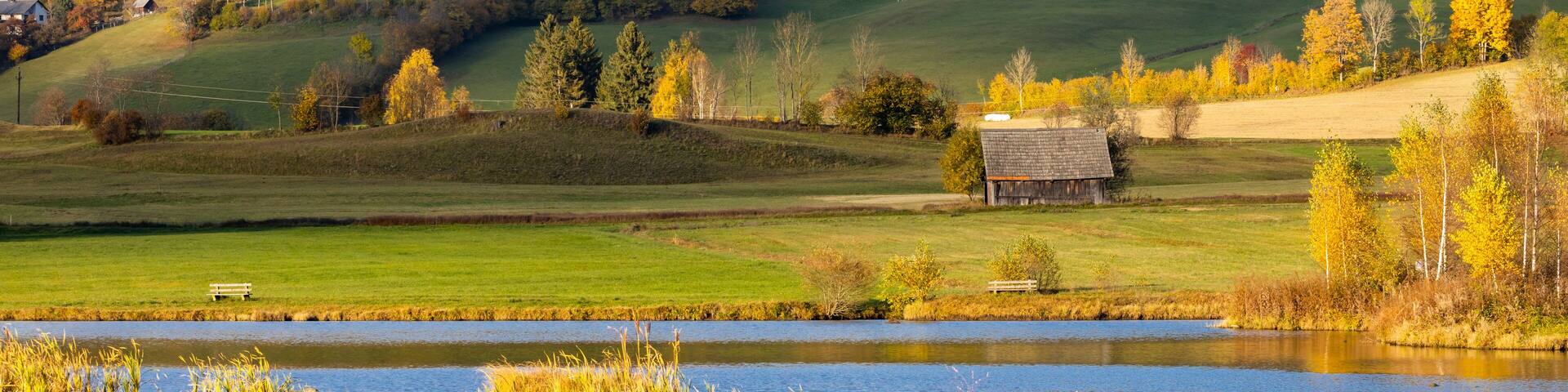 autumn pond under the mountains, Murau district,.Styria, Austria
