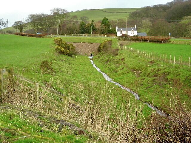 A rural landscape with a narrow water channel, a white house, and surrounding fields.