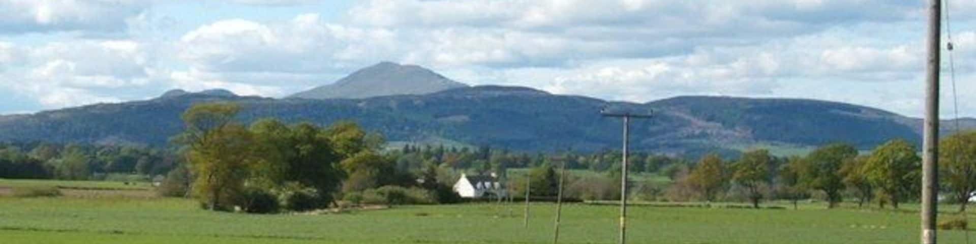 Newburn View to Newburn photographed from beside disused farm buildings, 200m east of Arnprior junction at B8034. Mountain in background could be Ben Lomond - will need to check