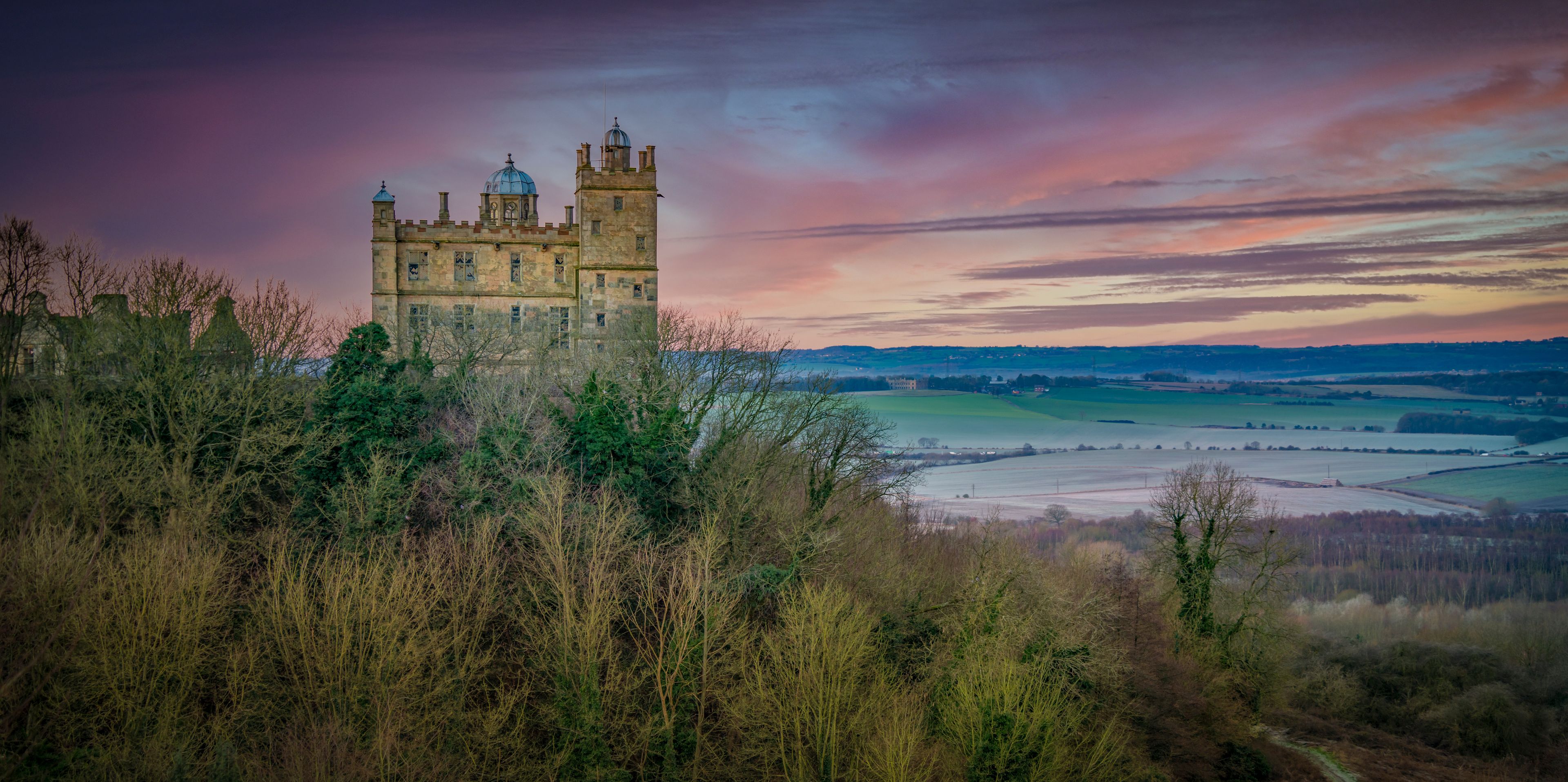 View of Bolsover Castle and morning red sky, Bolsover, Derbyshire