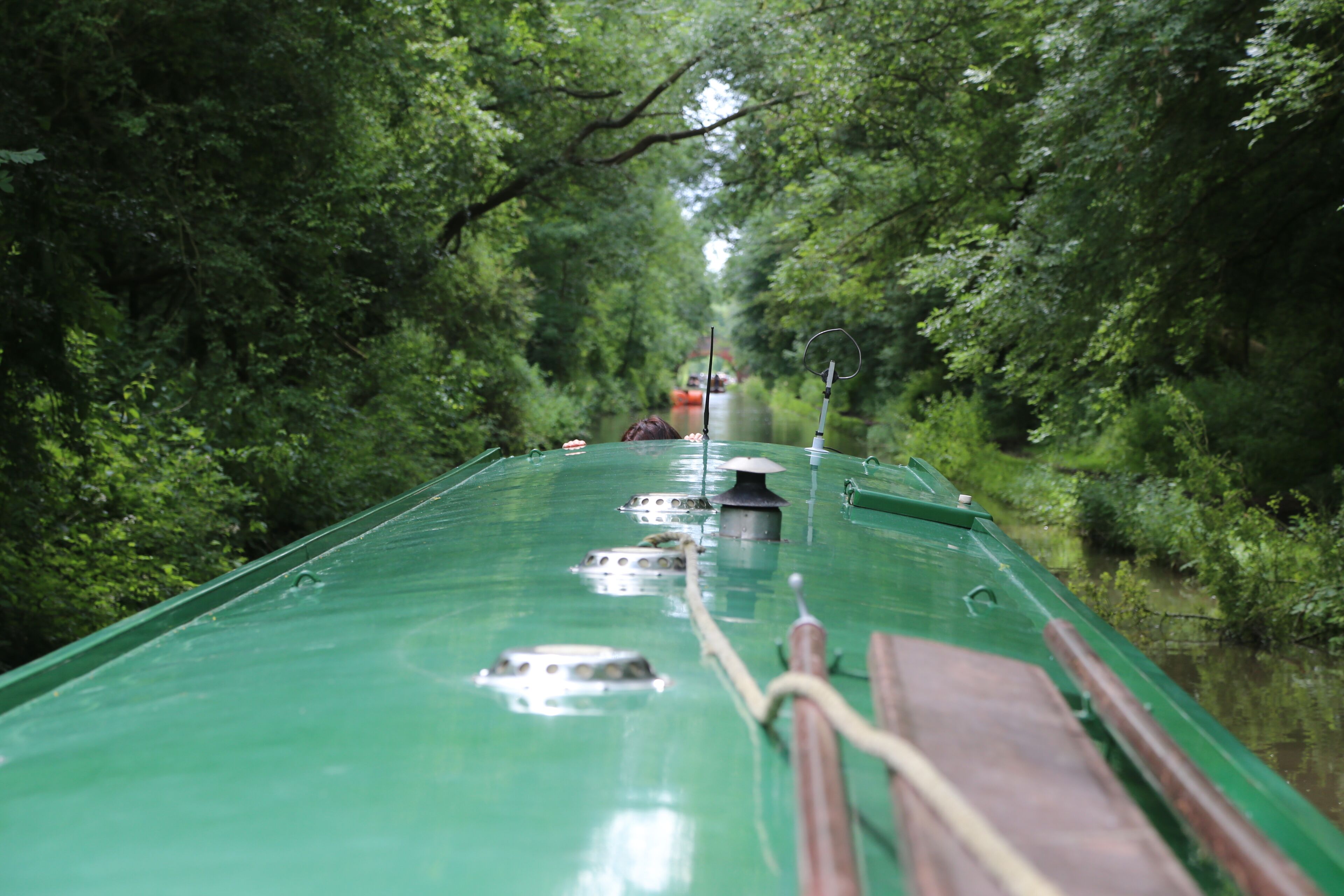 A green boat on a narrow waterway surrounded by dense green foliage.