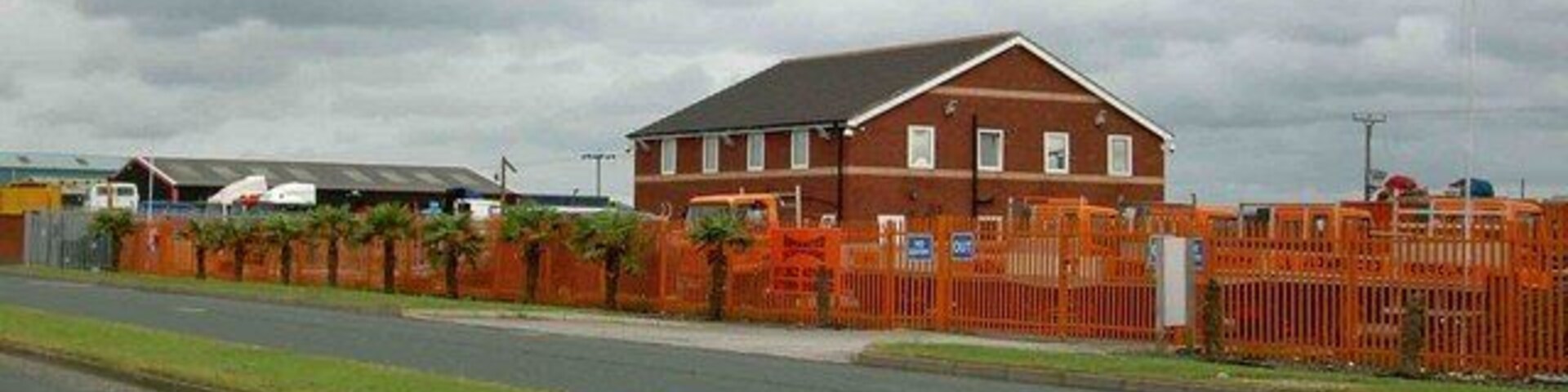 The palm fringed verges of Lancaster Road, Carnaby, East Riding of Yorkshire, England. Advanced Scaffolding's frontage of palms.
