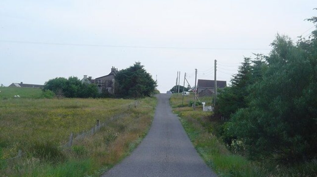 Outend Coll Village Road and Houses. The narrow single track road which loops round the village of Outend Coll.