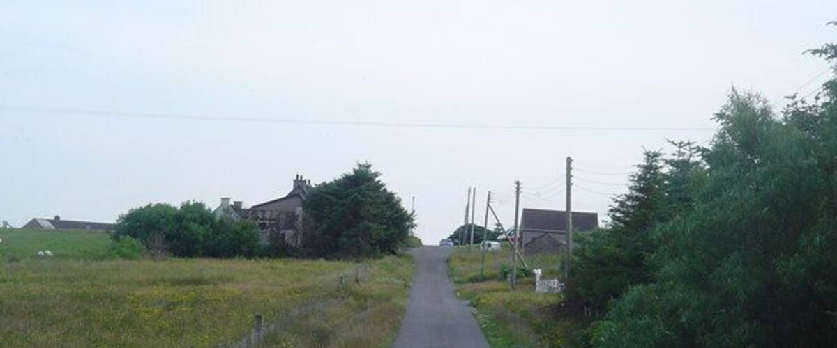 A rural road flanked by fields and houses.
