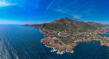 Aerial view of the Massif de L'Esterel and the road to Saint Tropez from Cannes in the French Riviera